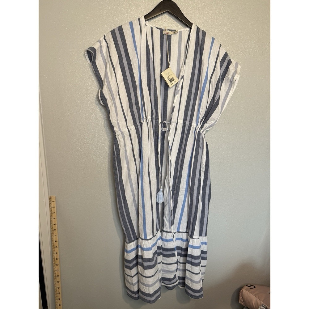 Faherty Cotton Linen Longline Duster Stripe Women's One Size Tassel Tie NWT